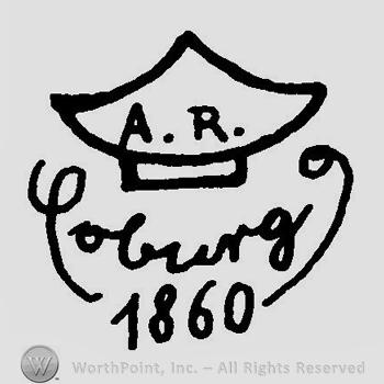 Letters A.R. written over a stylized crown, the word Coburg handwritten below over the number 1860.