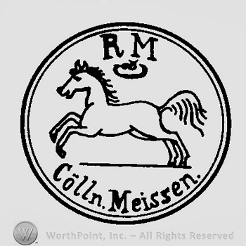 A circle with a horse inside a double circle and R M Colln Meissen