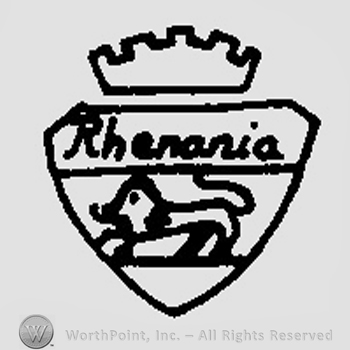 A lion inside a shield under a crown and the word Rhenania handwritten