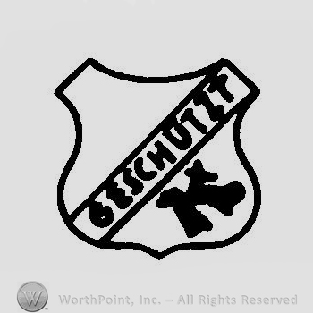 A shied with an oblique stripe with the word Geschutzt and an uppercase K in the lower part