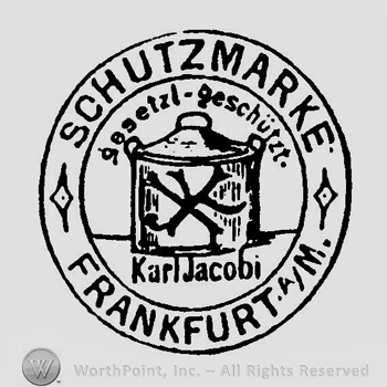 A double circle with a pot in the middle and the text Schutzmarke Frankfurt A/M Gogetzl Geschutzt Karl Jacobi