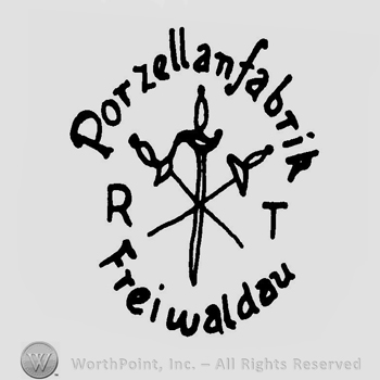 Three swords crossed surrounded by the text Porzellanfabrik Freiwaldau