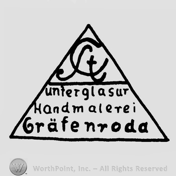 Letters CST handwritten and entwined over the text Unterglasur Handmalerei Grafenroda, all inside a triangle.