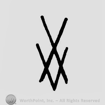 Two oblique crossed lines over a V-shaped design.
