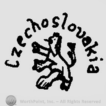 A prance lion under the word Czechoslovakia written arched with only the initial in uppercase