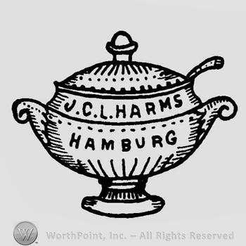 A soup bowl with a lid and the text J C L Harms Hamburg on it