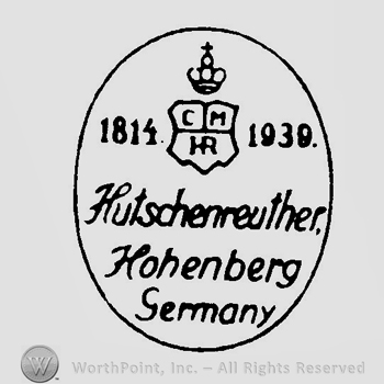 An oval with a crown and a shield inside and the text 1814 1939 Hutschenreuther Hohenberg Germany