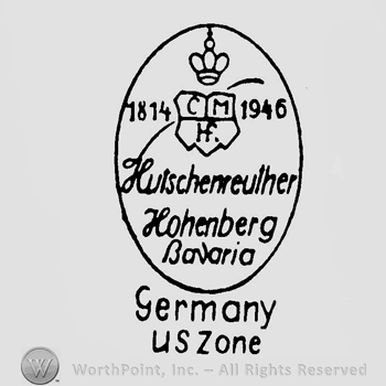 An oval with a crown and a shield inside and the text 1814  1946 Hutschenreuther Hohenberg Bavaria Germany US Zone