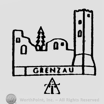 A castle with a fir tree on top and the word Grenzau above a triangle