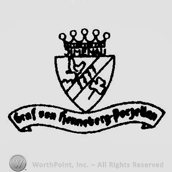 A shield crossed by a stripe with 1777 a rooster on the left  and a clover leaf on the right under a crown and the word Ilmenau, above a banner with Graf von Henneberg Porzellan