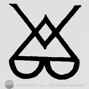 Letter V over a triangle sitting on two semicircles.