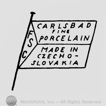 A flag with the text F S K Carlsbad Fine Porcelain Made In Czechoslovakia