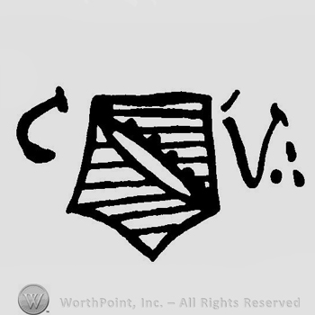 A shield and the initials C V on the sides