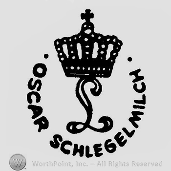 A crown above a handwritten uppercase L surrounded by the text Oscar Schlagelmilch in a round manner