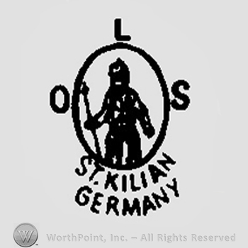 A man holdin a spear inside an oval with the initials L O S on the outside and St. Kilian Germany