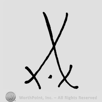 Two crossed swords above a dot