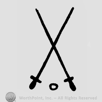 Two crossed swords above a dot