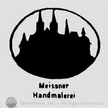 A castle shape inside an oval above the text Meissner Handmalerei