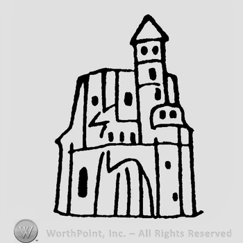 The drawing of a castle with one tower