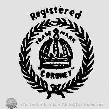 a crown inside branches with leaves and the text Registered Trade Mark Coronet