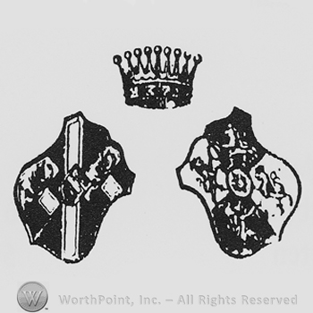 A crown above two shields with animals on them