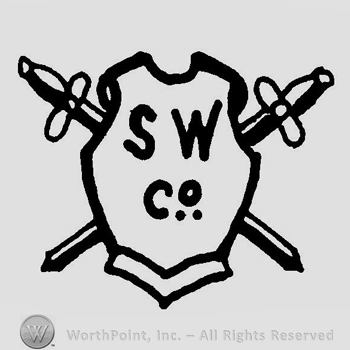 Two swords crossed behind a chest plate with the initials S W Co. on it