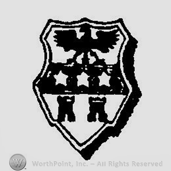 A shield with an eagle with spread wings, three stars and two towers on it