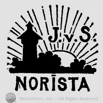 The figure of a tower near bushes with the sun setting behind and the text J V S Norista