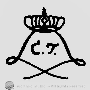 A crown above a cartouche with the initials C T inside