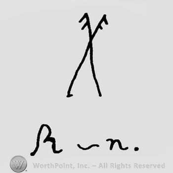 Two stylized crossed forks over handwritten capital R and handwritten N.