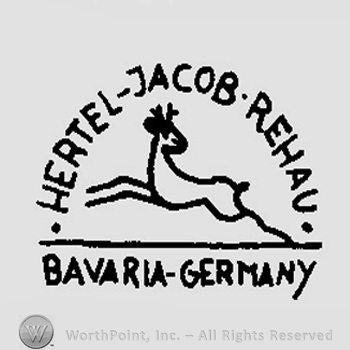 A deer running and the text Hertel Jacob Rehau Bavaria Germany written around in a half circle shape