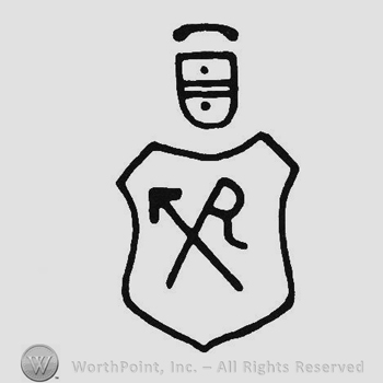 A shield with two parrallel horizontal lines and two dots above another shield with an arrow and a letter R in uppercase