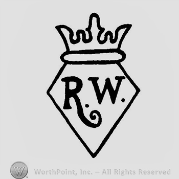 A crown above a diamond with the initials R W inside