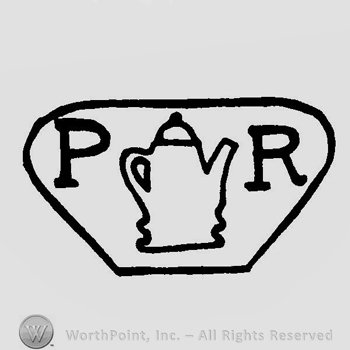 A tea pot and the initials P R inside a frame