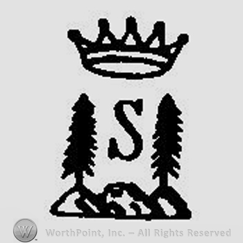 A crown above a hill with two fir trees and the letter S between them