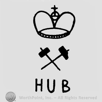 A crown above two crossed hammers and the initials H U B