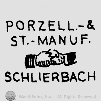Two hands shaking and the text Porzell & St Manuf Schlierbach in uppercase letters
