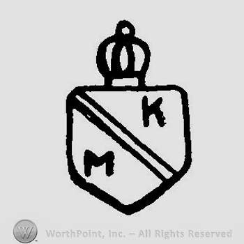 A crown above a shield with an oblique stripe and the initials M K