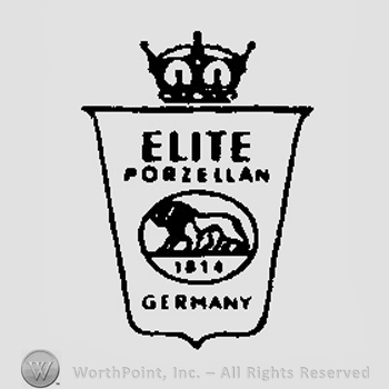 A crown above a shield with an oval on it and a lion inside the oval and the text Elite Porzellan 1814 Germany