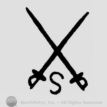 Two crossed swords above an uppercase S