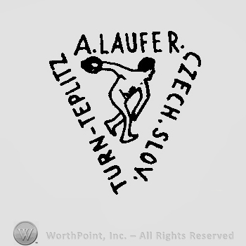 A man throwing a disc surrounded by the text A. Laufer Turn Teplitz Czech. Slov. In a triangle shape