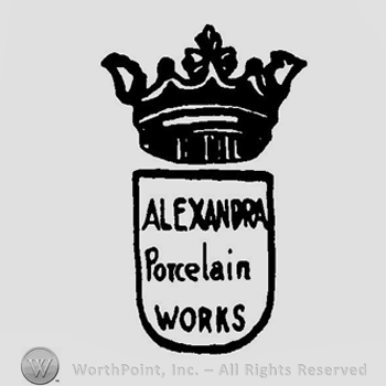 A crown above a shield with Alexandra Porcelain Works