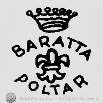 A crown above a fleur de lis and the text Baratta Poltar