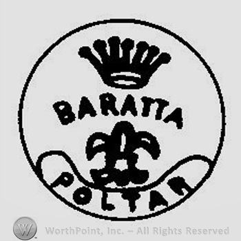 A crown above a fleur de lis and the text Baratta Poltar inside a circle