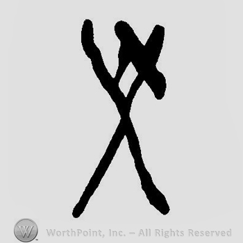 Two crossed lines with a small V above.
