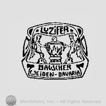 Cartouche with a pot with an eagle head as a handle for the lid in the middle, two devils on the sides holding it and the text Luzifer Bauscher Weiden Bavaria