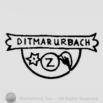 A half circle sign with the text Ditmar Urbach in the upper part and a star, a wheel and a wing in the lower