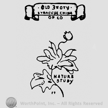 A ribbon with Old Ivory written above Syracuse China written on it, above O.P.Co. written above a flower shape with Nature Study written next to it