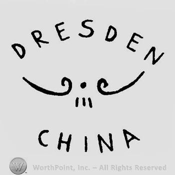 The text Dresden China, A dot, two spirals and three parrallel short lines
