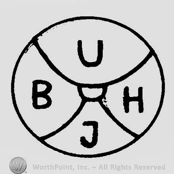 A circle separated into for large and one small parts with the initials B U H J inside